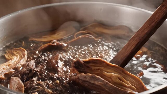 Process of Stirring Botanical Ingredients in Hot Aromatic Tonic Soup
