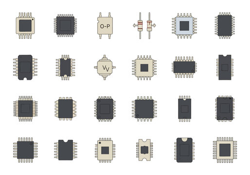 A collection of various microchips and electronic components are arranged in rows on a surface.
