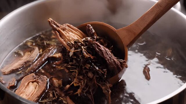 Boiling Traditional Herbal Medicine Decoction in Stainless Steel Pot Close-up
