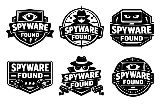 Spyware found badges set with hacker, detective eye, monitor, and security camera icons, representing cybersecurity threat detection