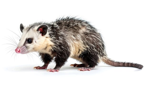 Gray and white Virginia opossum with pink nose and feet, isolated on white