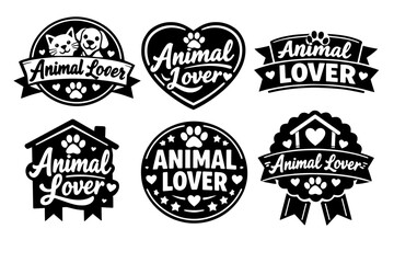 Fototapeta premium Set of badges, labels, and logos with animal lover text, featuring paws, hearts, and pet silhouettes for animal welfare