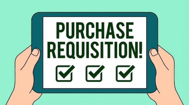 Hands holding tablet with purchase requisition checklist on screen business concept