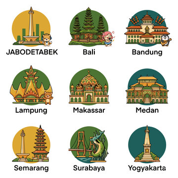 Indonesian City Landmarks Flat Vector Icon Set with Cute Mascots