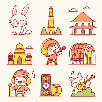 Myanmar Culture and Travel Kawaii Vector Icon Set