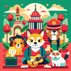 Naklejka premium Cute Cartoon Animal Band Playing Guitar at Asian Temple Vector