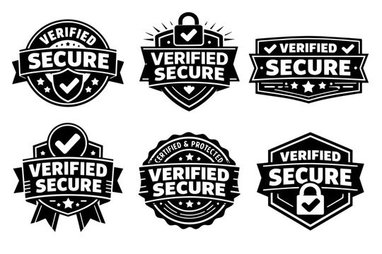 Collection of verified secure badges, emblems, and stamps, featuring checkmarks, shields, and padlocks for web security