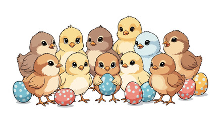 Cartoon illustration shows a group of baby chicks, some holding decorated easter eggs, set against a clean white background, creating a festive spring atmosphere with a light and cheerful © Retno