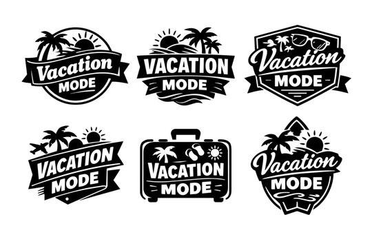 Set of vacation mode badges and labels with various travel and tropical summer holiday elements and typography