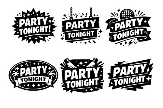 Six vector black and white party tonight invitations and labels with various elements like glow sticks and celebrations