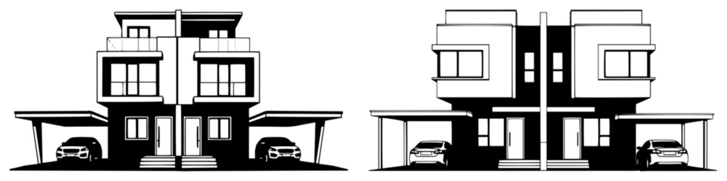 Modern duplex house with carports and symmetrical residential architecture in minimalist graphic style