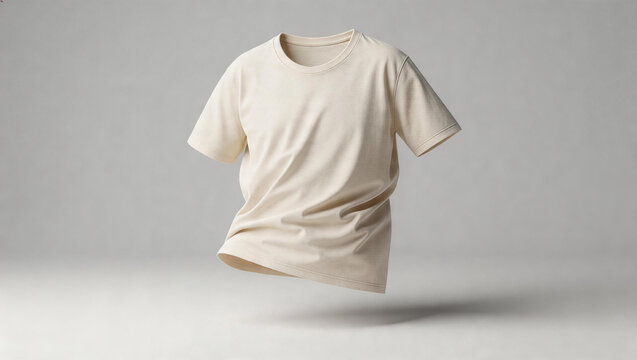 High - quality plain beige t - shirt mockup with a floating effect, isolated on a gray background. Ideal for fashion design and product presentation.