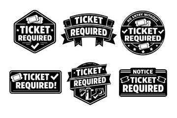 Obraz premium Ticket required label set for entry and admission, showing access pass, notice, and event regulations