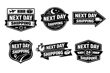 Fototapeta premium Next day shipping badges, fast delivery service logos. Express transportation concept, receiving parcel quickly