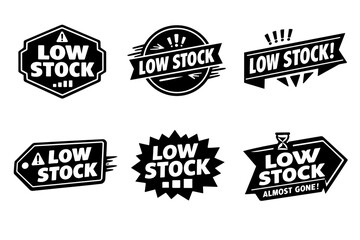 Obraz premium Low stock alert badges set with urgency symbols, promoting limited supply and almost gone status for e-commerce shopping