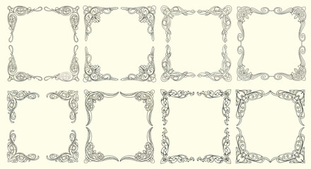 Obraz premium Collection of eight ornate vintage decorative borders and frames in a sketchbook style.