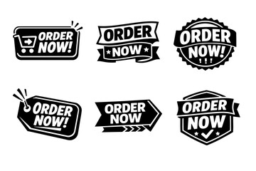 Obraz premium Order now labels and banners set, collection of promotional messages for online shopping and commercial advertising