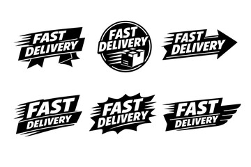Obraz premium Fast delivery labels offering a set of monochrome designs for logistics, express shipping, and courier services