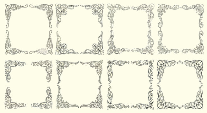 Collection of eight ornate vintage decorative borders and frames in a sketchbook style.