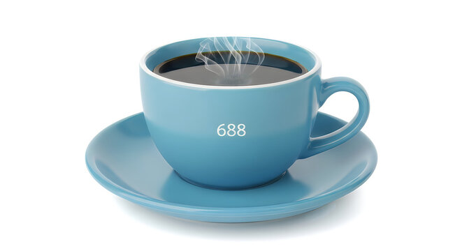 Steaming cup of coffee with the number 688 on a blue cup and saucer