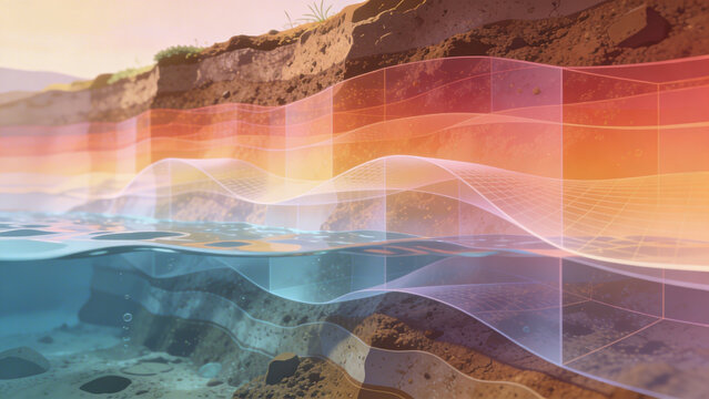 Digital visualization of geological earth layers showing complex soil strata with glowing light curves integrated into a natural water landscape