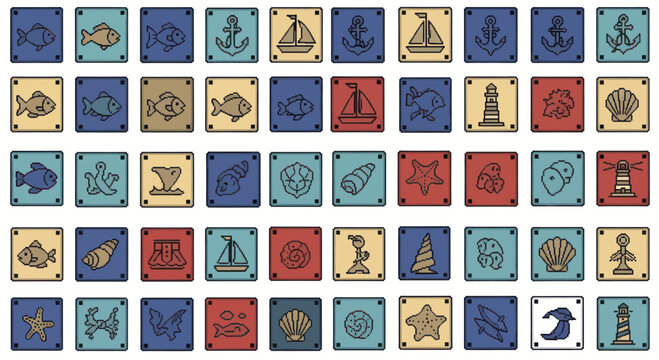 Collection of Hand-Drawn Nautical and Marine Icons in Square Frames.