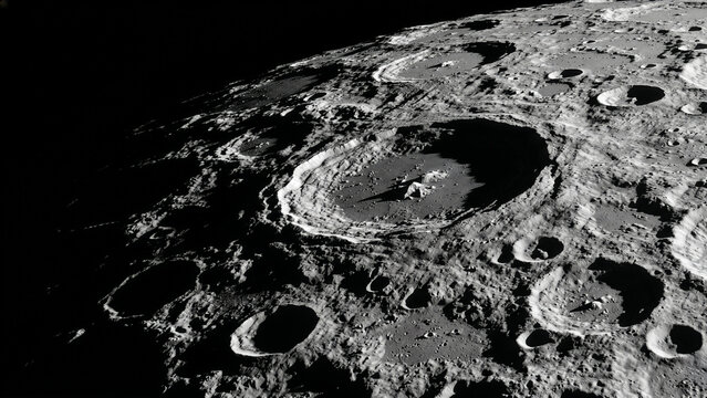 Moon Surface with Large Impact Crater and Rocky Terrain Detailed Lunar Landscape Aerial View in Black and White with Deep Space Background