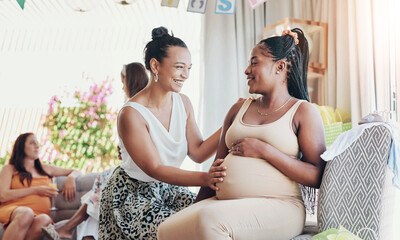 Smile, friends or touch belly of pregnant woman in house, connection or maternal support for...