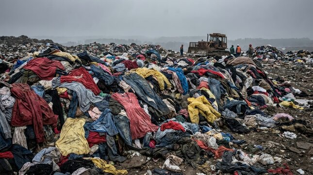 Massive pile of discarded clothing and textile waste at a landfill site highlighting environmental impact of fast fashion with industrial machinery in background.