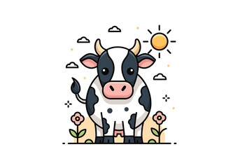 Obraz premium Cute Cartoon Cow Illustration, Flat Vector Spotted Dairy Cattle Character with Sun and Flowers