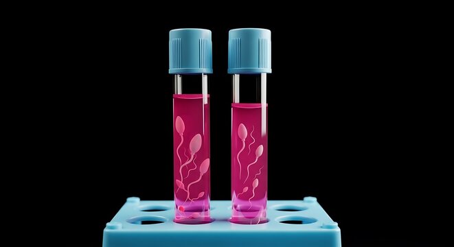 Two vials filled with pink liquid containing sperm cells, in a blue holder against black