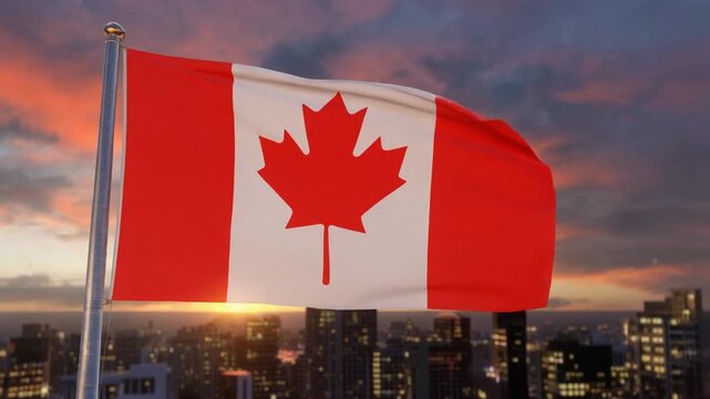 The Canadian national flag waving on a silver pole against a vibrant sunset sky overlooking a dense metropolitan city skyline.