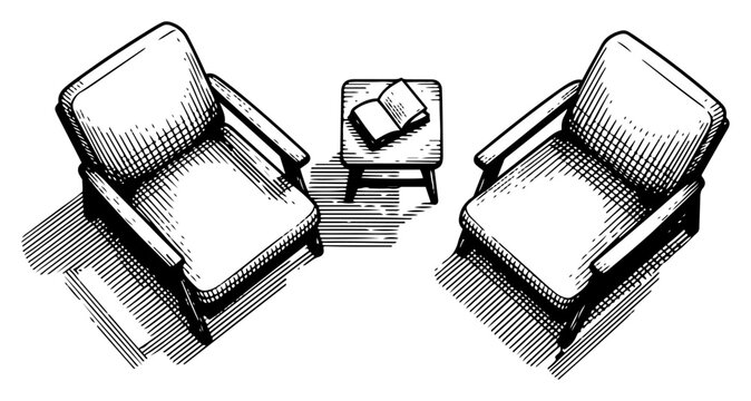 Armchairs and side table with book in vintage hand drawn engraving style