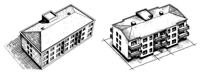 Naklejka premium Residential apartment houses in isometric hand drawn engraving style