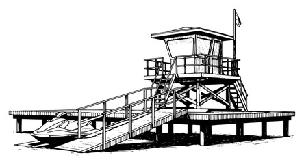 Obraz premium Beach lifeguard tower on wooden pier with personal watercraft in hand drawn engraving style