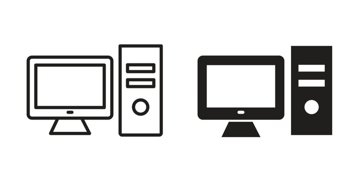 Desktop computer icon design. Editable outlined stroke and solid symbols