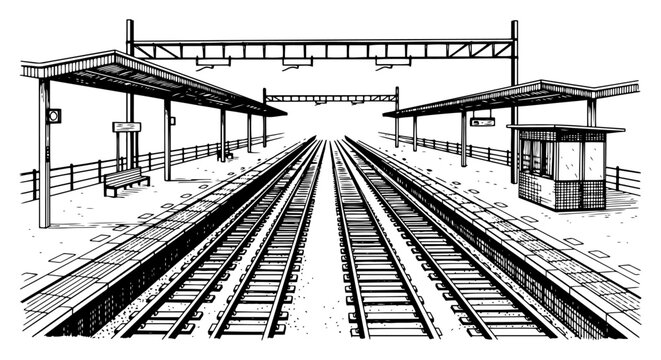 Railway station platform and tracks in perspective view hand drawn engraving style