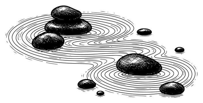 Zen garden stones and raked sand ripples in vintage engraving style