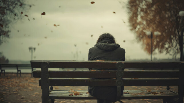 social isolation themes, a solitary figure sits slumped on a park bench, enveloped in isolation