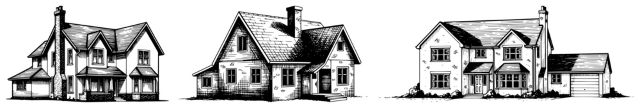 Traditional family houses and suburban homes in classic hand drawn engraving style