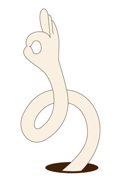 Cartoon hand showing okay sign with long flexible arm stretching from dark hole on transparent background.