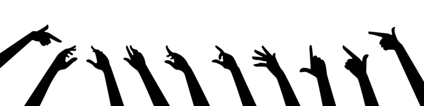 Set of human hands and arms silhouettes showing various gestures and pointing poses on transparent background.