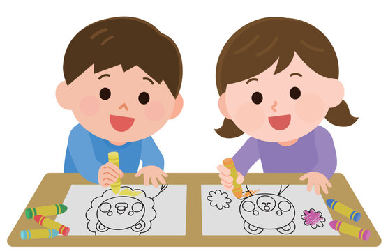 塗り絵をする楽しそうな男の子と女の子　イラスト