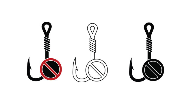 Fishing hook icon set with forbidden signs in red and black