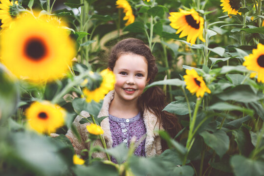Smiling girl standing among tall sunflowers in full bloom, calm summer portrait in a sunflower field, natural light, real life childhood moment.