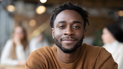 Fototapeta premium A warmly lit portrait of a smiling adult male in a brown sweater seated in a modern bustling cafe environment