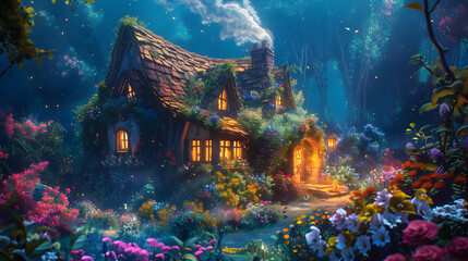 Fototapeta premium Whimsical cottage in a vibrant enchanted forest at dusk