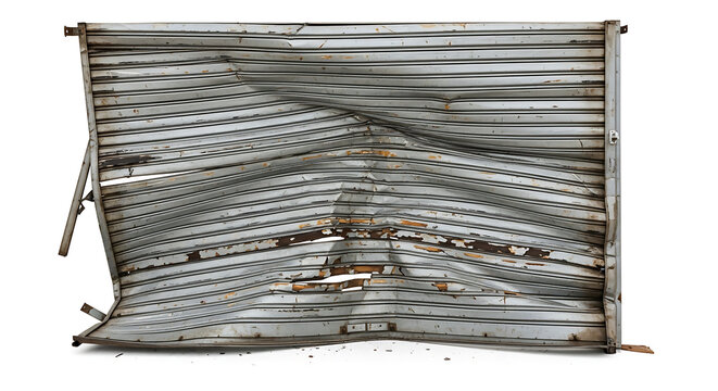 Damaged industrial metal roller shutter door with heavy dents and bent panels, broken security garage entrance isolated on white background, showing signs of impact or mechanical failure.