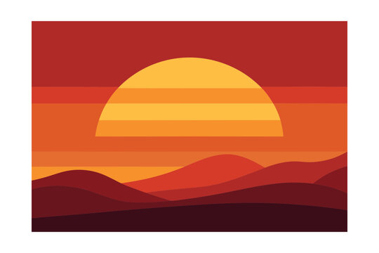Vibrant abstract sunset over layered landscape, warm colors, flat design, minimal vector art