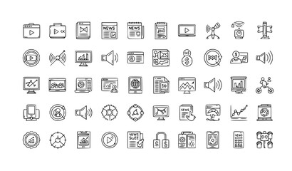 Fototapeta premium Geometric media outline icon collection with video audio news and marketing symbols editable stroke vector illustration